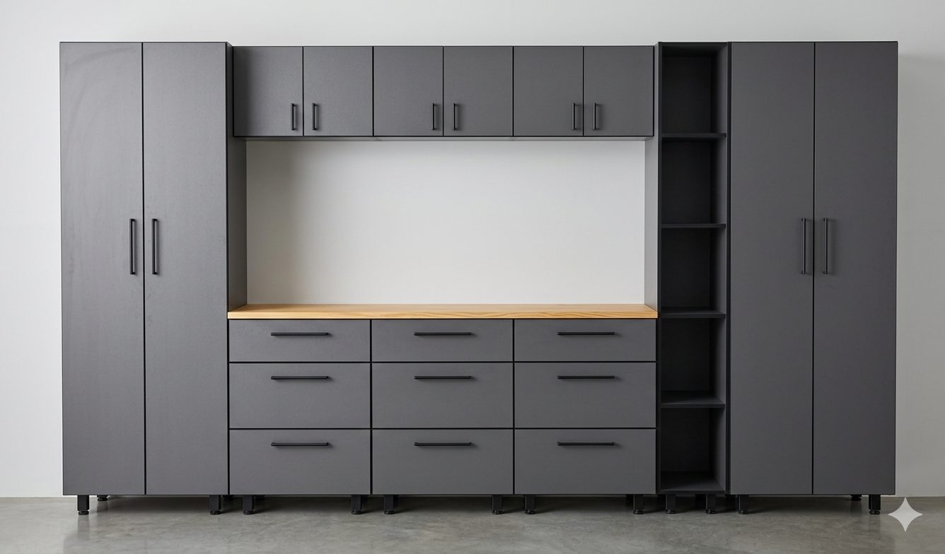 Garage Workshop 3 — 3.5m Workshop with Extensive Drawer Storage, installed garage workshop in Storm Grey