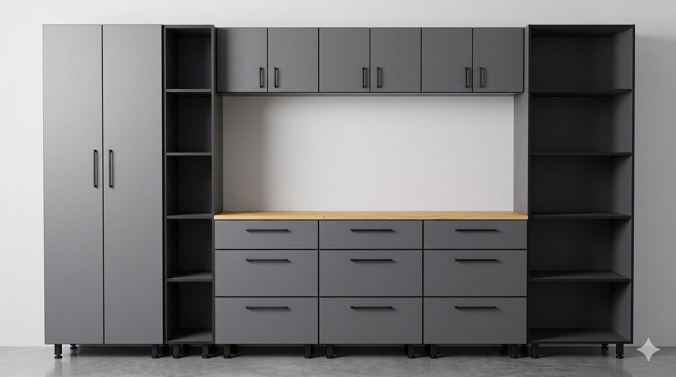 Garage Workshop 4 — Premium 3.4m Garage Workstation, installed garage workshop in Storm Grey